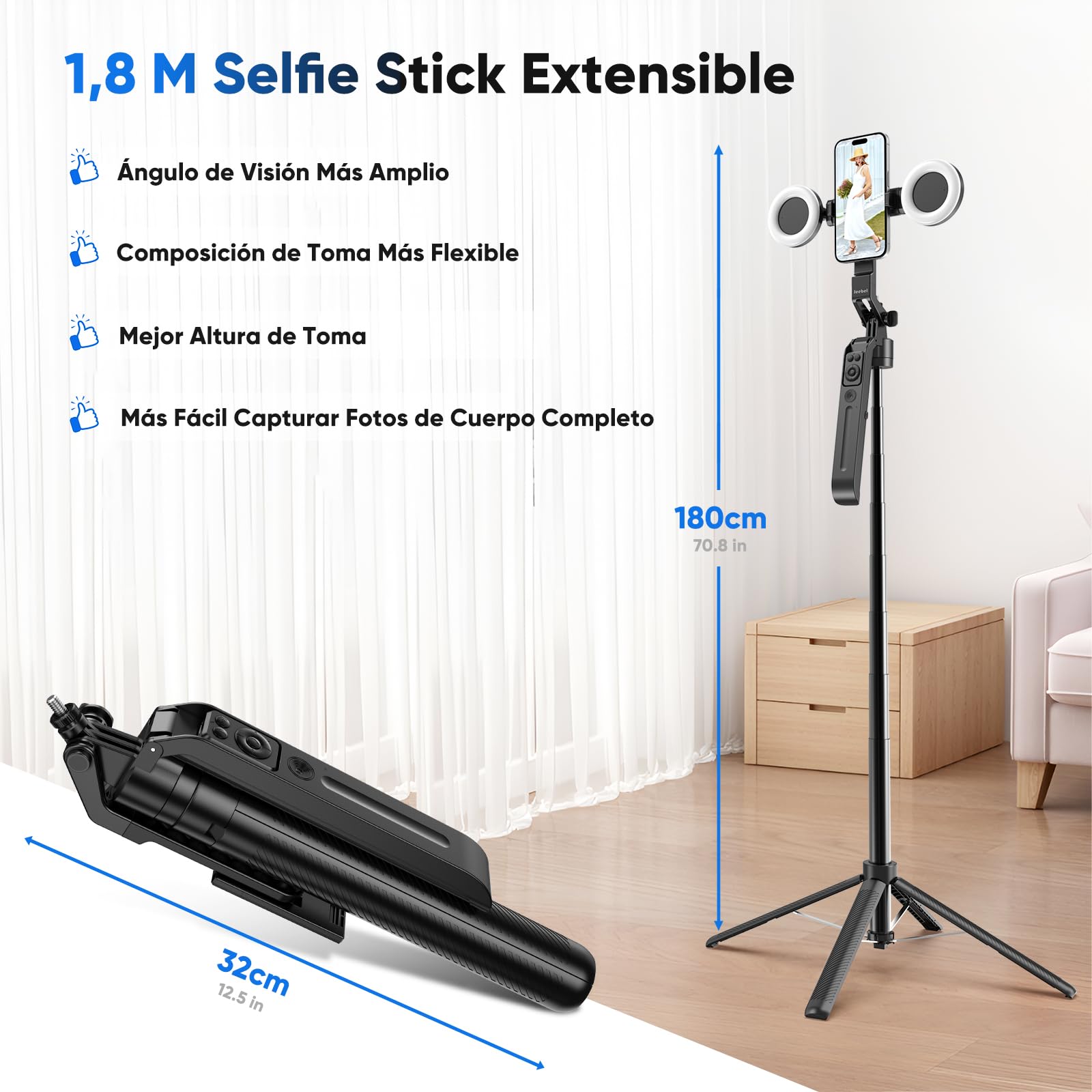 Jeebel Trípode de Seguimiento Facial 180cm Extensible Selfie Pole con Luz LED/Control Gestos/Control Remoto/NO App/360°Giratorio - Estabilizador Gimbal para Teléfono Action-Cam DSLR de Video Live Vlog