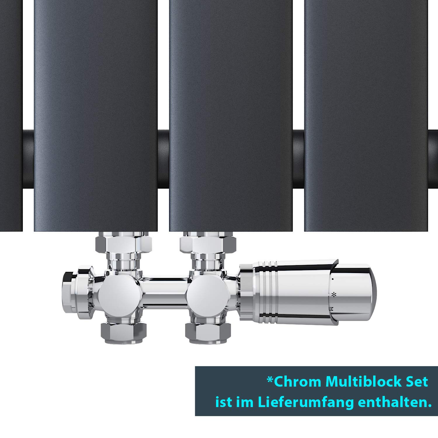 ELEGANTE Termoarredo Design Flat 1600 x 462 mm con Termostato Multiblocco Cromato, Radiatore Piatto Singolo Strato Verticale Attacco Centrale