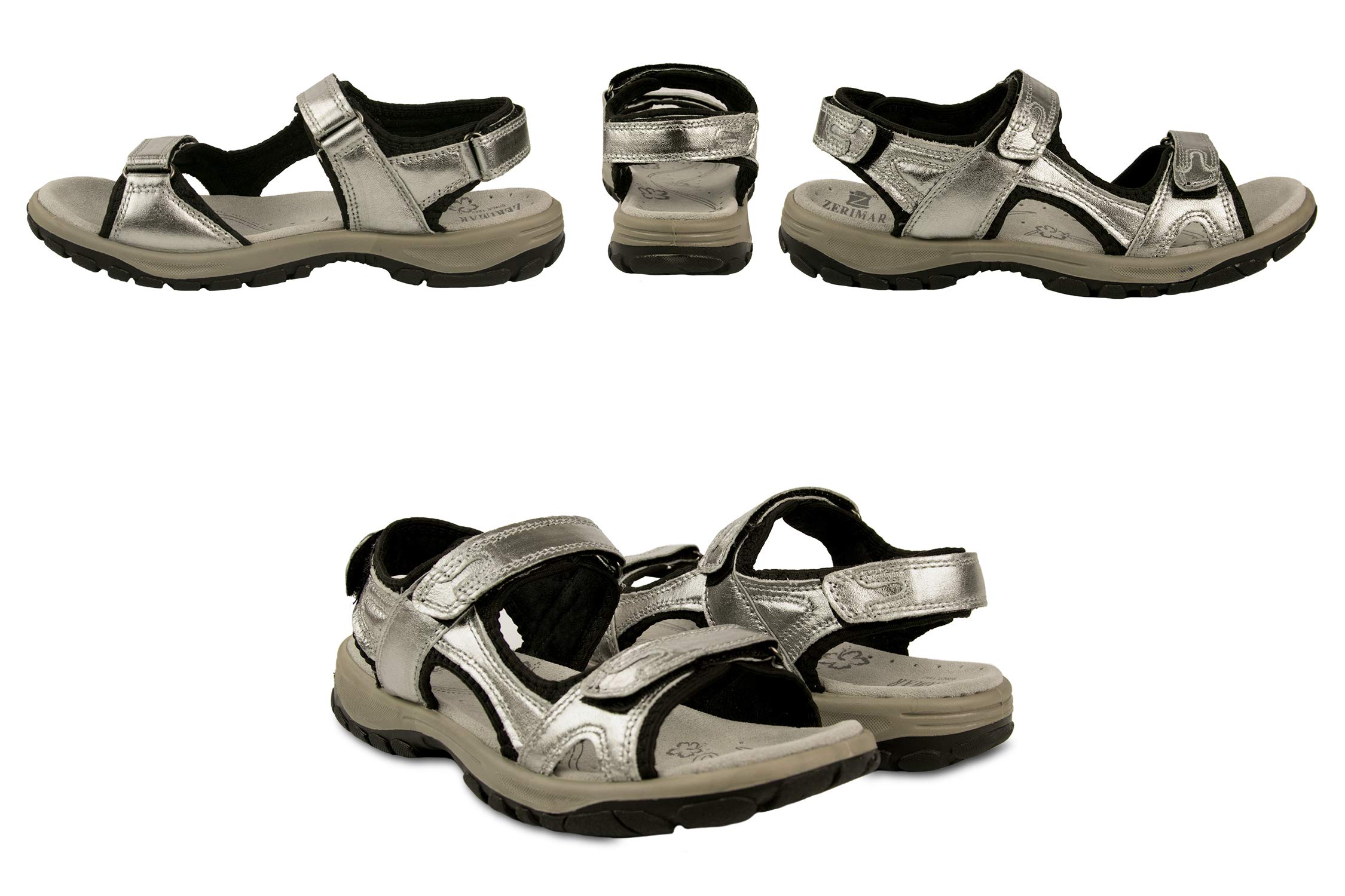 Zerimar Sandalia de Trekking para Mujer | Sandalias de Cuero Auténtico | Sandalias Deportivas Cómodas | Cierre Ajustable | Suela Antideslizante |Plata | Talla 37