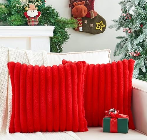 Miniatura 43 de Juego de 2 fundas de almohada decorativas de piel sintética de 18 x 18 pulgadas, fundas de almohada suaves de rayas blancas crema para sofá, cama