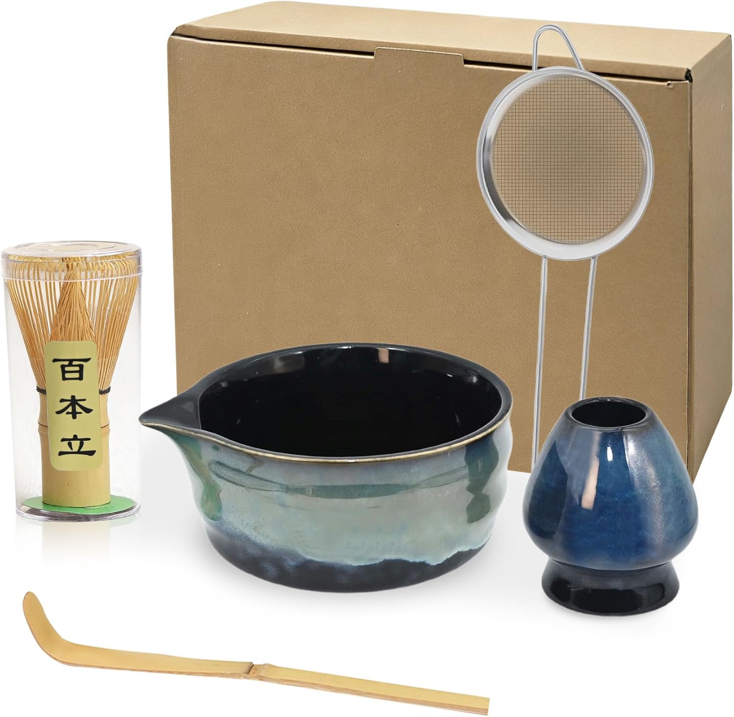 ZaH Matcha Whisk Set - Kit of 5pcs - Matcha Whisk and Bowl, Ceramics Whisk Holder, Bamboo Tea Scoop, Sifter (Ombre Green)