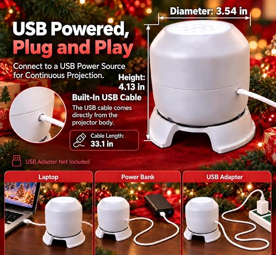 Christmas Projector Light, Dynamic Rotating USB Indoor Decor