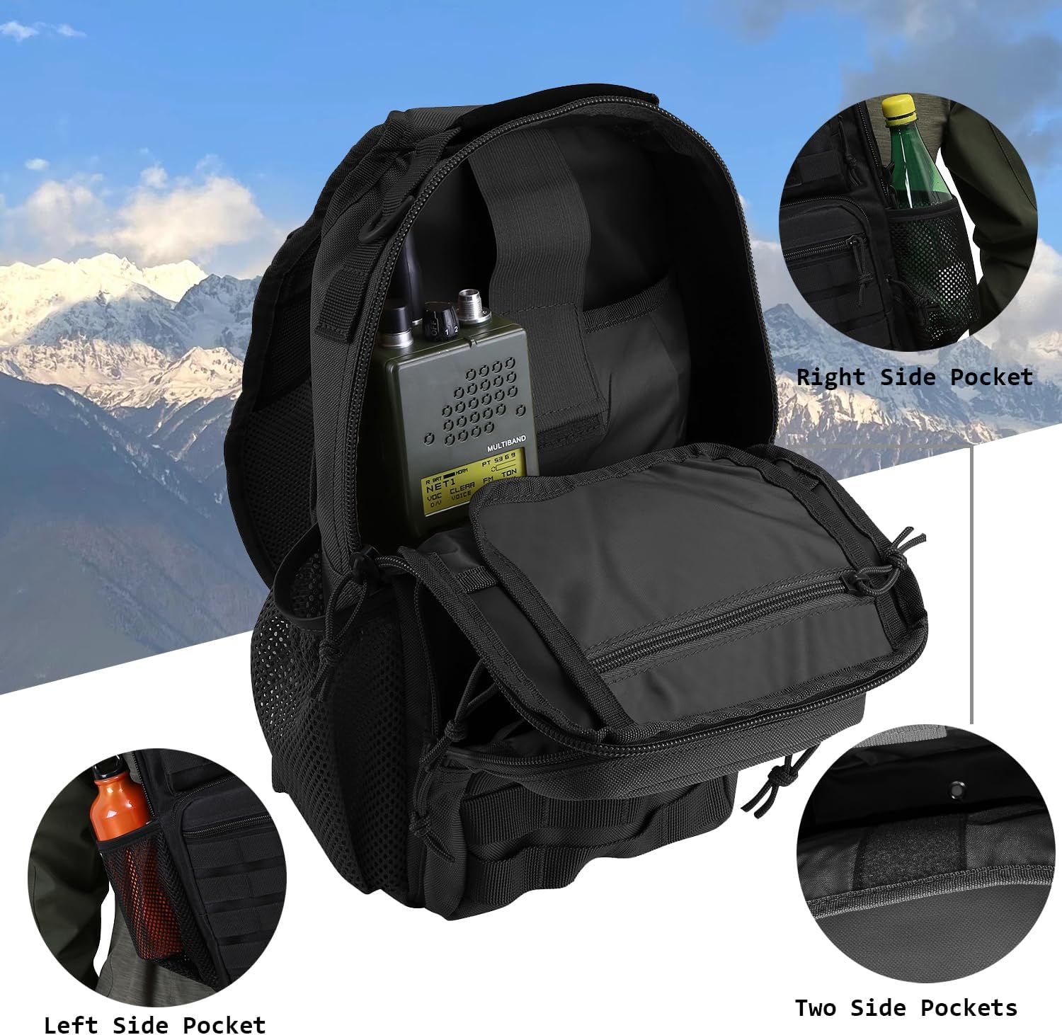 Rover Sling Pack Tactical Shoulder Sling Bag Backpack with Bottle Holder Crossbody Chest Bag, Black - Image 4