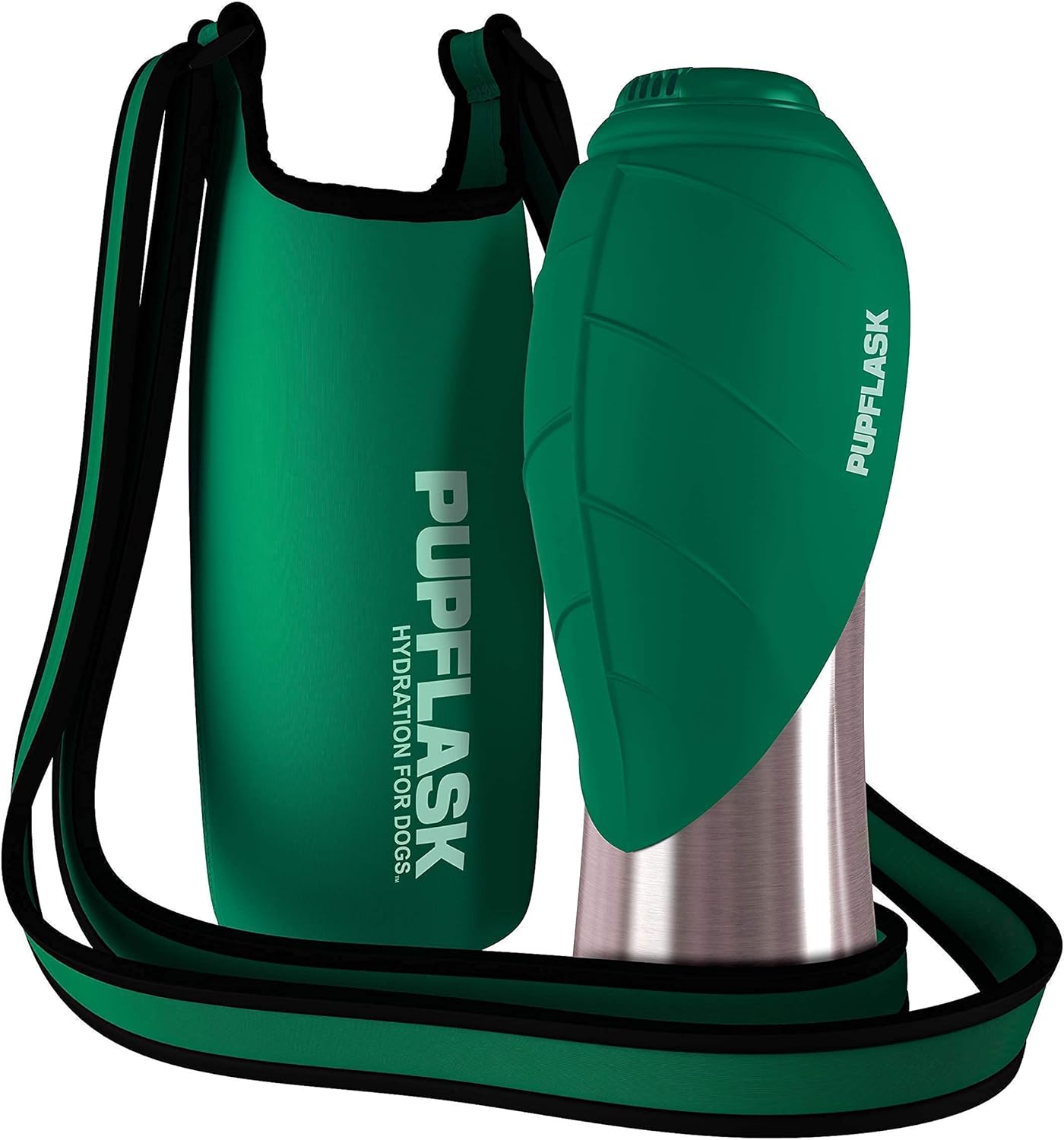 Tuff Pupper Dog Water Bottle Holder and PupFlask Portable Water Bottle - 40oz, Green