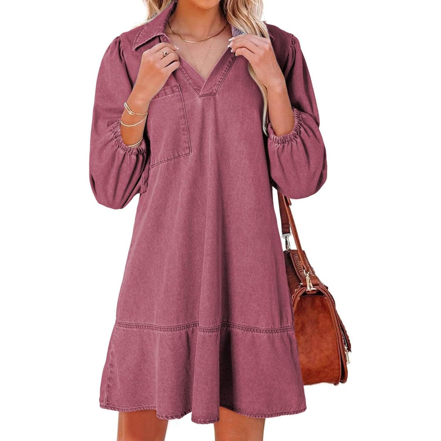Vestido Vaquero con Capas, Cuello en V y Mangas abullonadas para Mujer, Vestidos Vaqueros con Volantes y Mangas 3/4, Vestido Vaquero Camisero Holgado de Verano con Bolsillos. (Purple,S)