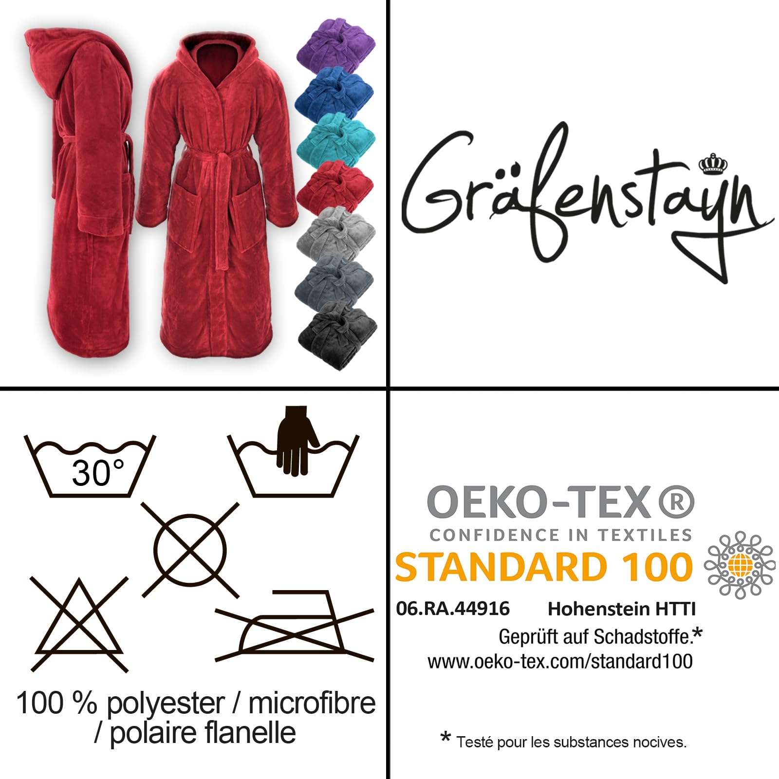 Gräfenstayn Robe de chambre femme polaire à capuche S-XXXL – Peignoir femme polaire de microfibre flanelle douce - Coupe kimono avec poches & ceinture - Coloris au choix