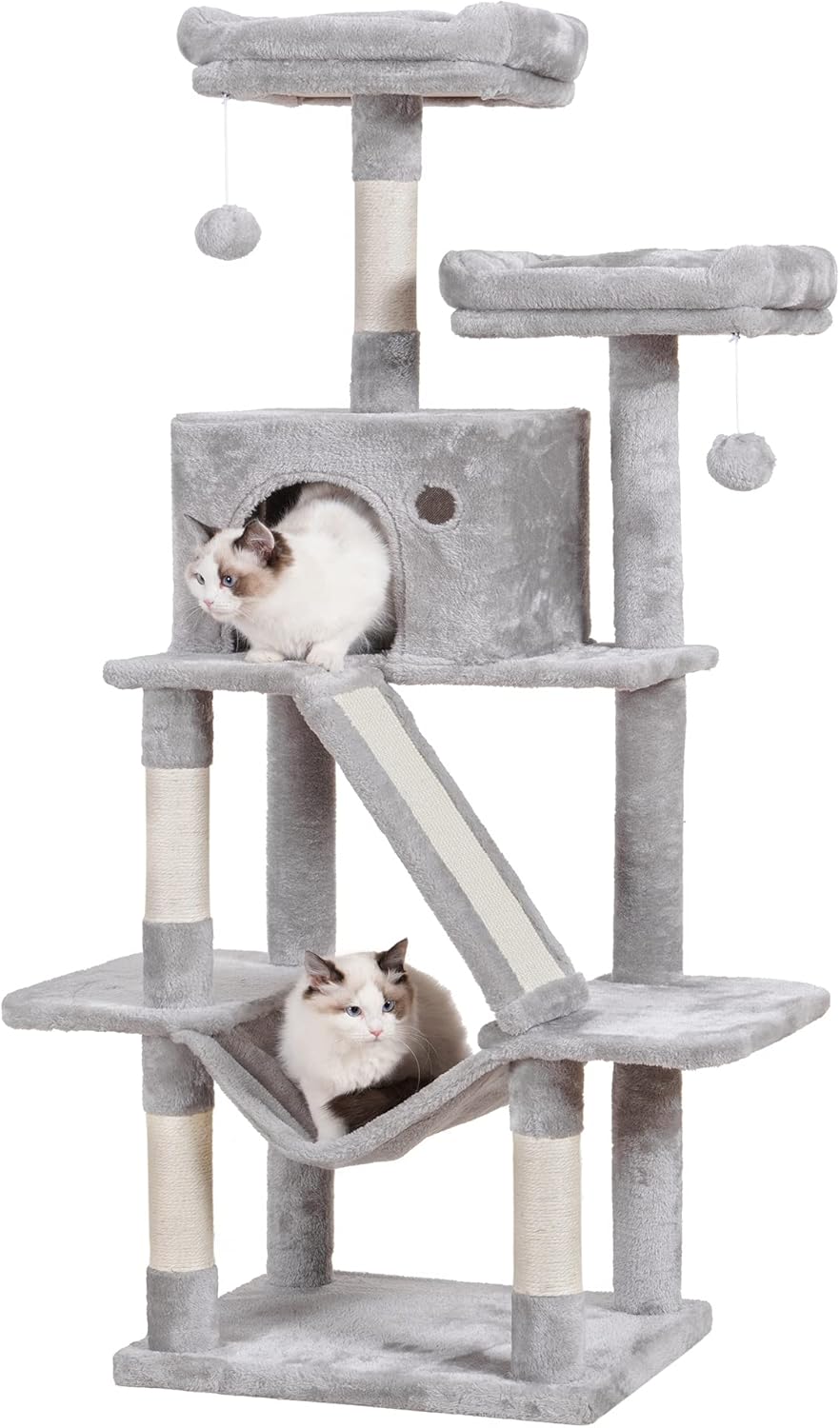 Hey-brother Cat Tree, 57" Cat Tower with Scratching Posts, Cat Tree House for Indoor Cats with hammocks, Toys, Condo and Large Scratch Board, Light Gray MPJ028W