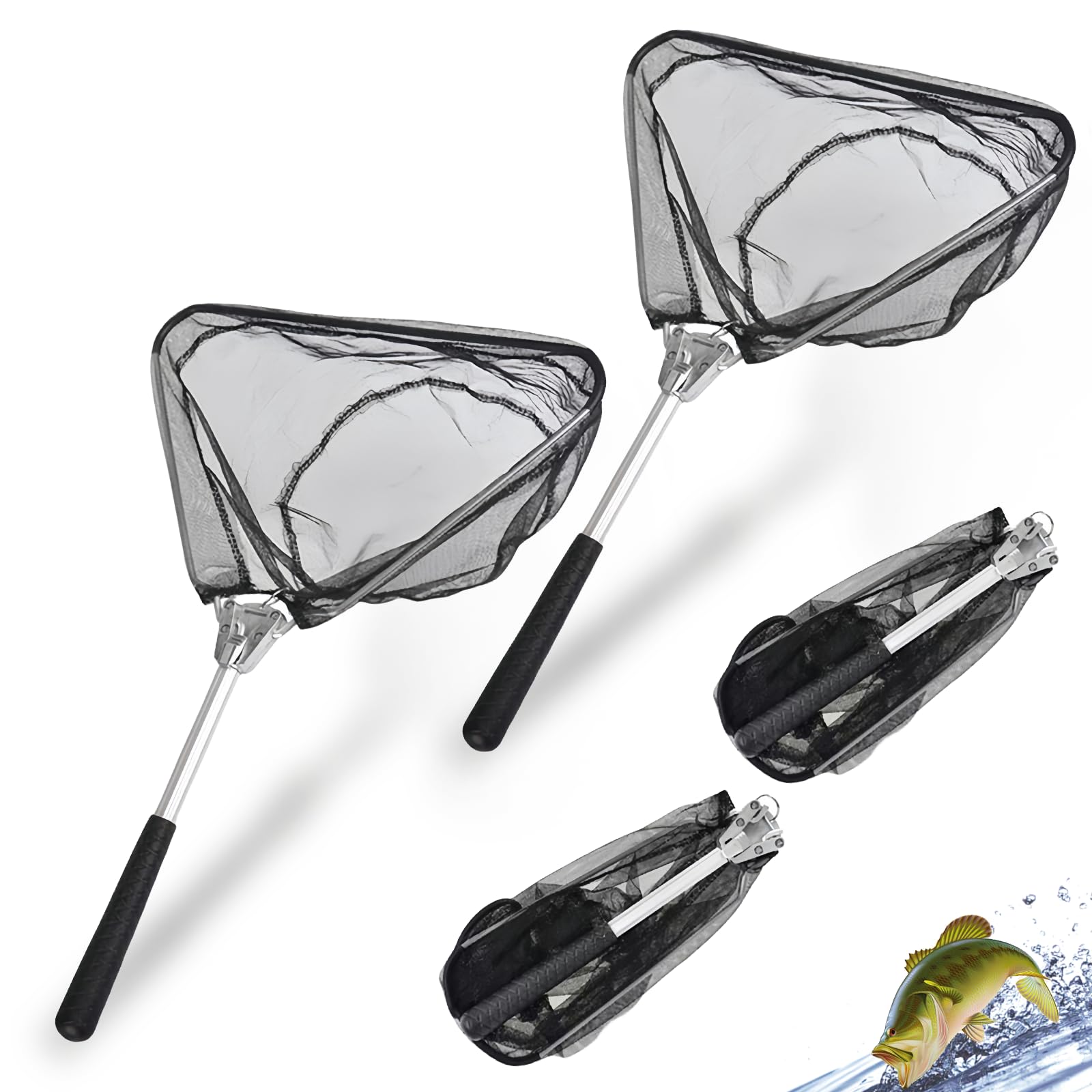 Set di 2 retini telescopici Pieghevoli con Manico Lungo, retino da Pesca in Alluminio per Pesca, Stagno, Piscina, Giardino, Spiaggia, Compatto e Resistente