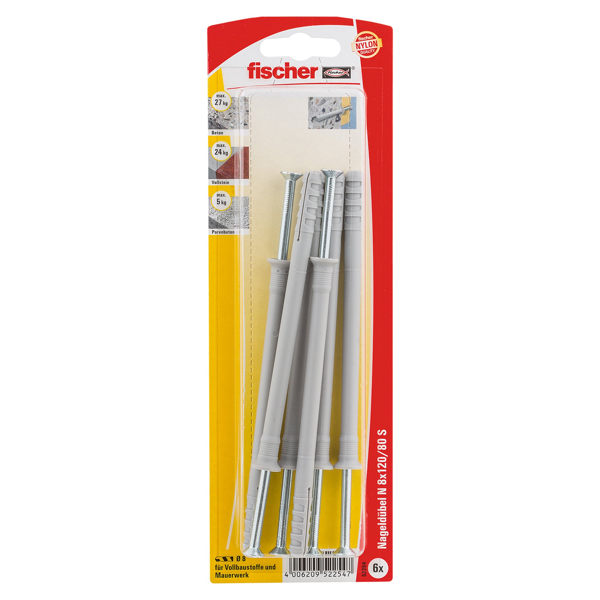 fischer 052254 8X120/80 S SB Card (6), contenuto tasselli N 8 x 120, 6 viti per unghie 5 x 125 a croce Z, premontate