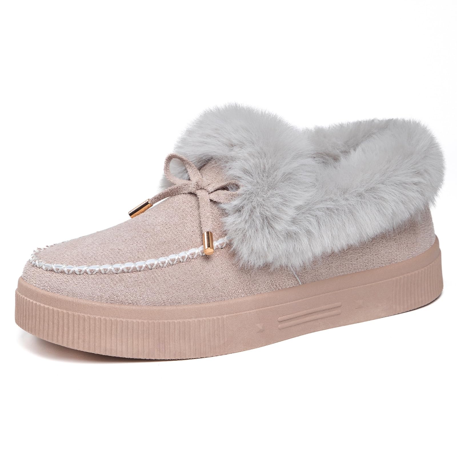 Womens Bow Suede Platform Snow Boots Warm Fur Lined Comfortable Round Toe Slip On Lightweight Anti-Slip Flat Ankle