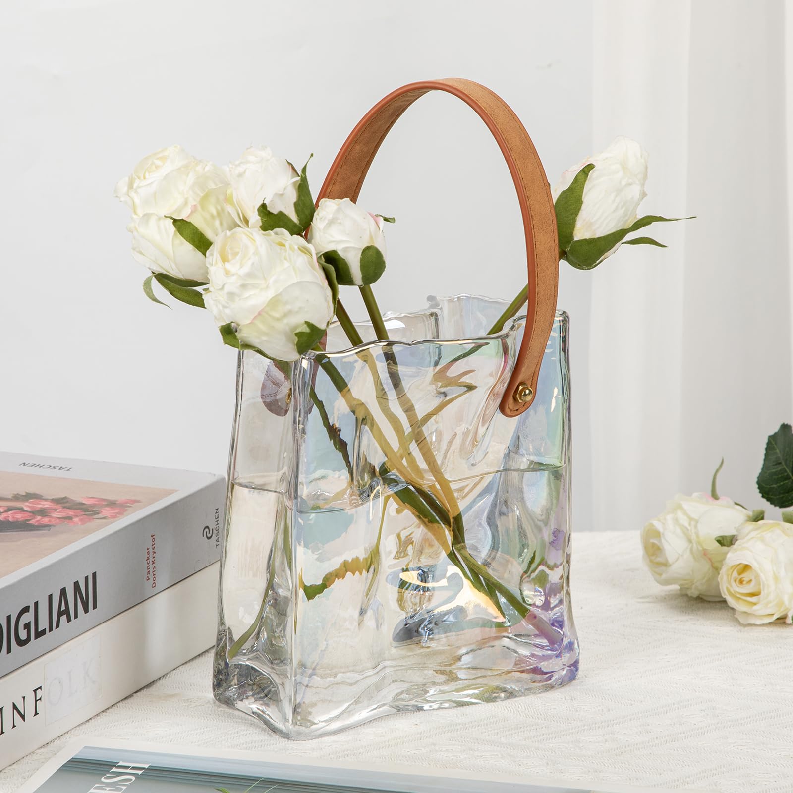 Hollyone 17cm Thickened Glass Vase for Flowers Iridescent Clear Flower Vase for Room Decor Aesthetic Unique Vases with Handle for Wedding Living Room - Image 2
