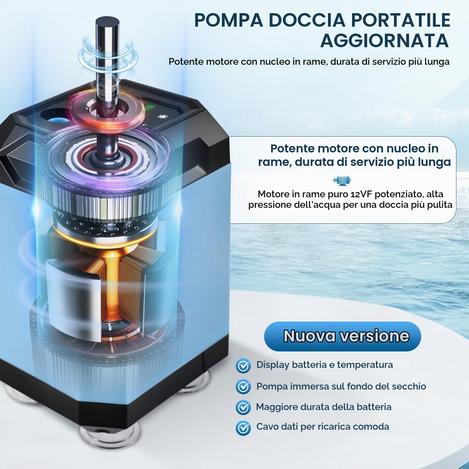 Doccia portatile da campeggio a batteria con pompa, funzione di sterilizzazione U-V, 5400 mAh, ricaricabile, con soffione e tubo da 2 m, indicatore di temperatura e potenza per campeggio, viaggi