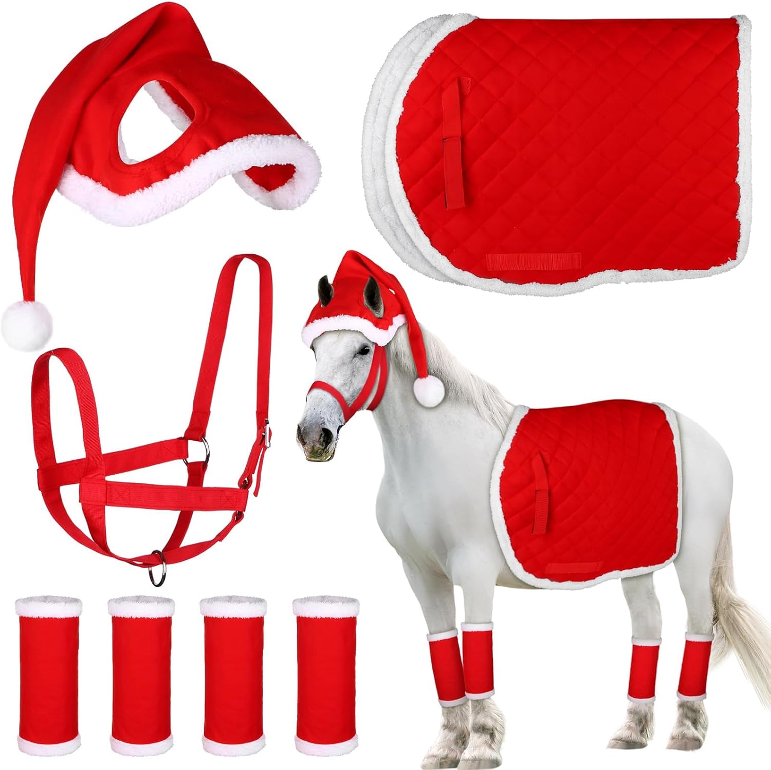 7 Pcs Horse Christmas Tack Christmas Horse Costume Accessories Holiday Christmas Hat Christmas Horse Leg Wraps Quick Dry Saddle Pad Adjustable Christmas Horse Halter for Party Parades Supplies