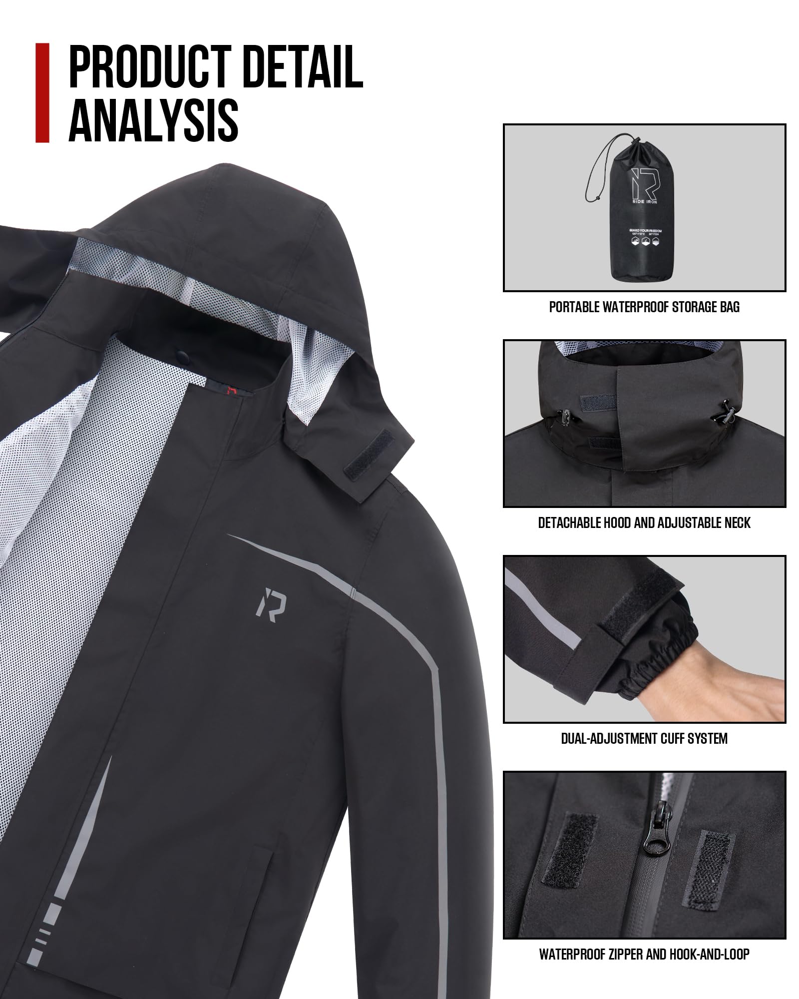 RIDEIRON Regenjacke Herren Set Motorrad Regenkombi Herren Regenjacke Herren Wasserdicht Atmungsaktiv Reflektierend Leicht winddichter Outdoor für Fahrradfahrer,Schwarz