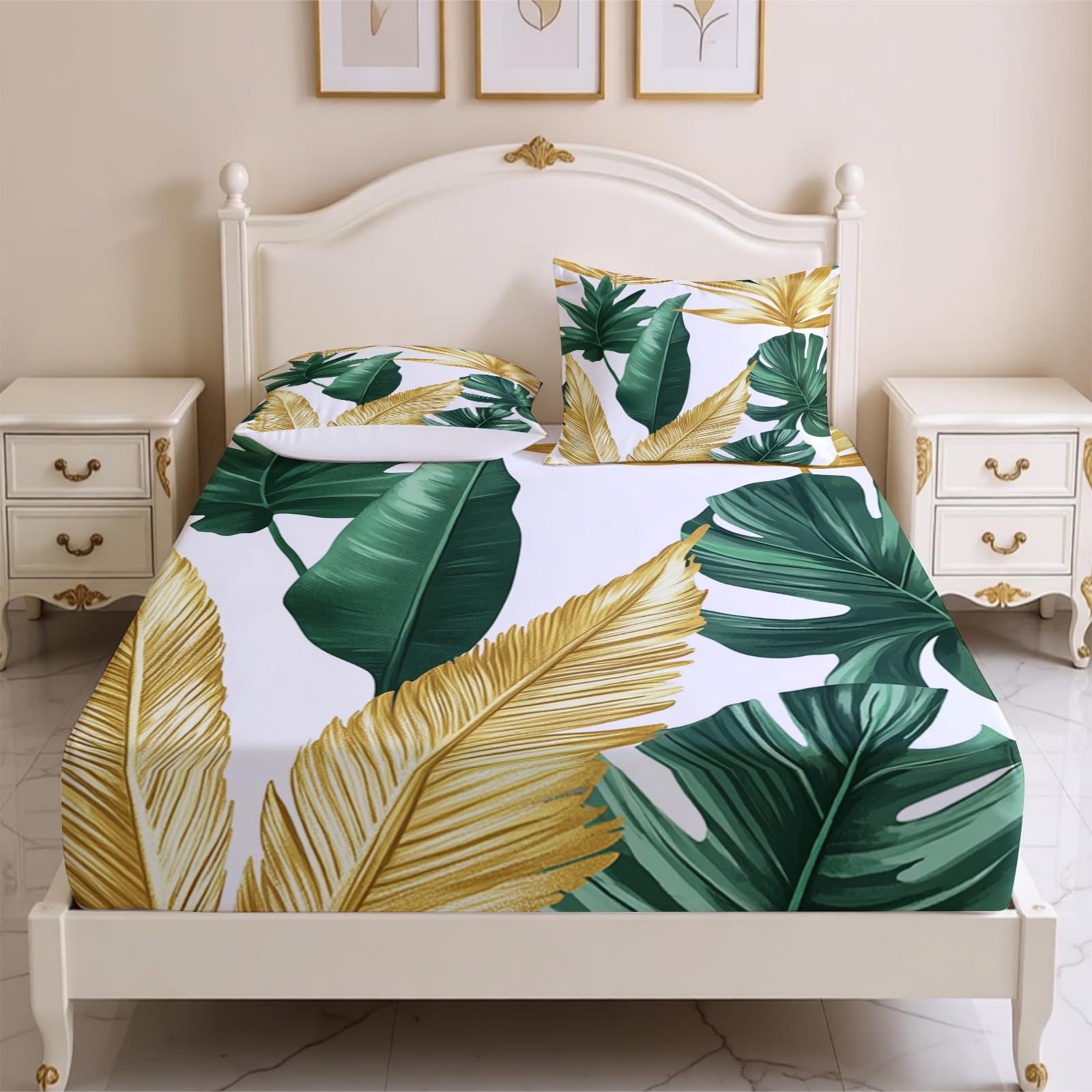 Lenzuolo con Angoli 180 x 200 cm Microfibra foglie di piante tropicali Lenzuolo Sotto Elasticizzato Profondo 25 cm oro per Singolo e Matrimoniale