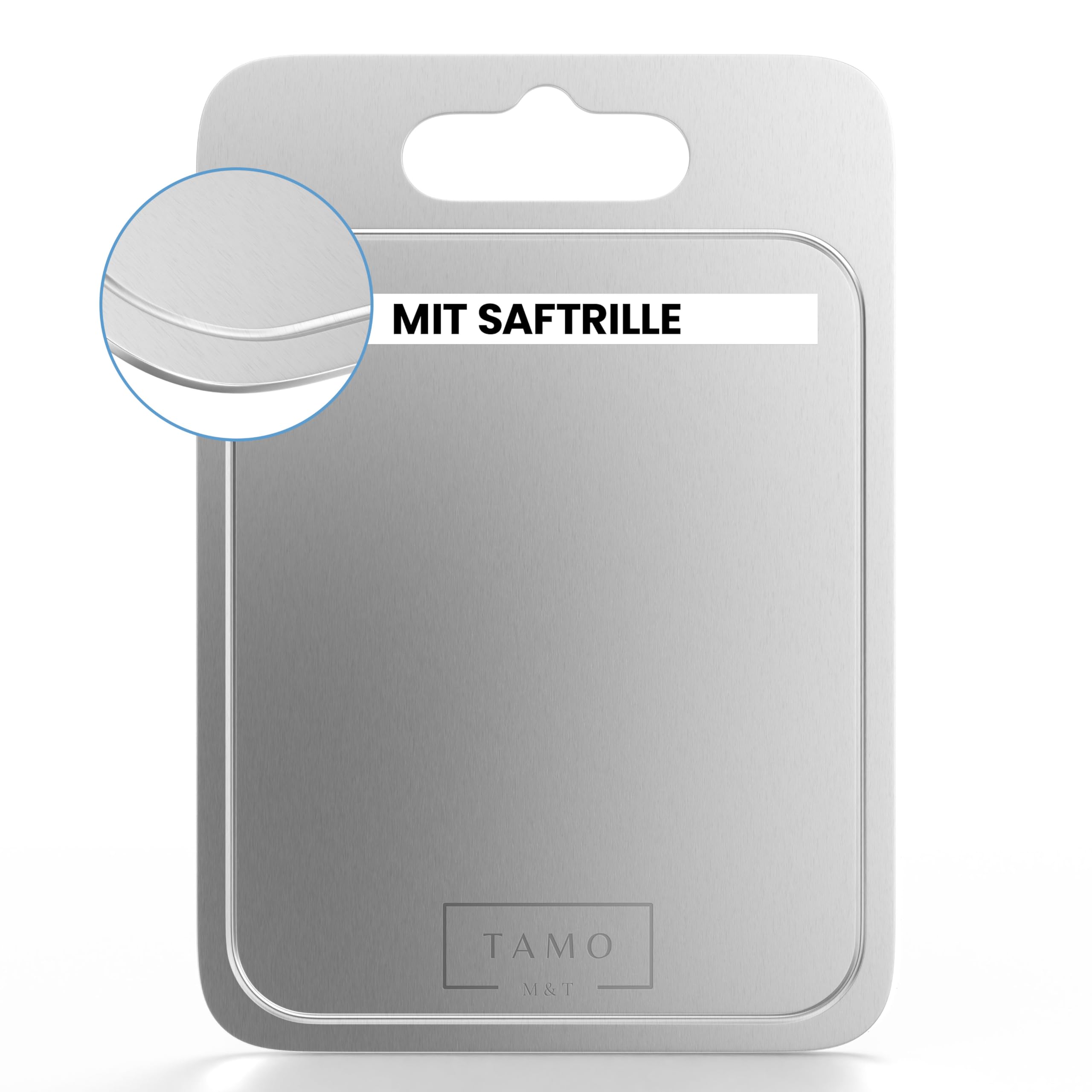 TAMO Titan Schneidebrett, mit Saftrille, aus 100% reinem Titan, hygienisch, antibakteriell & langlebig, titanium chopping board, ideal für Fleisch, Obst, Gemüse, Küche, Camping & Outdoor (L)