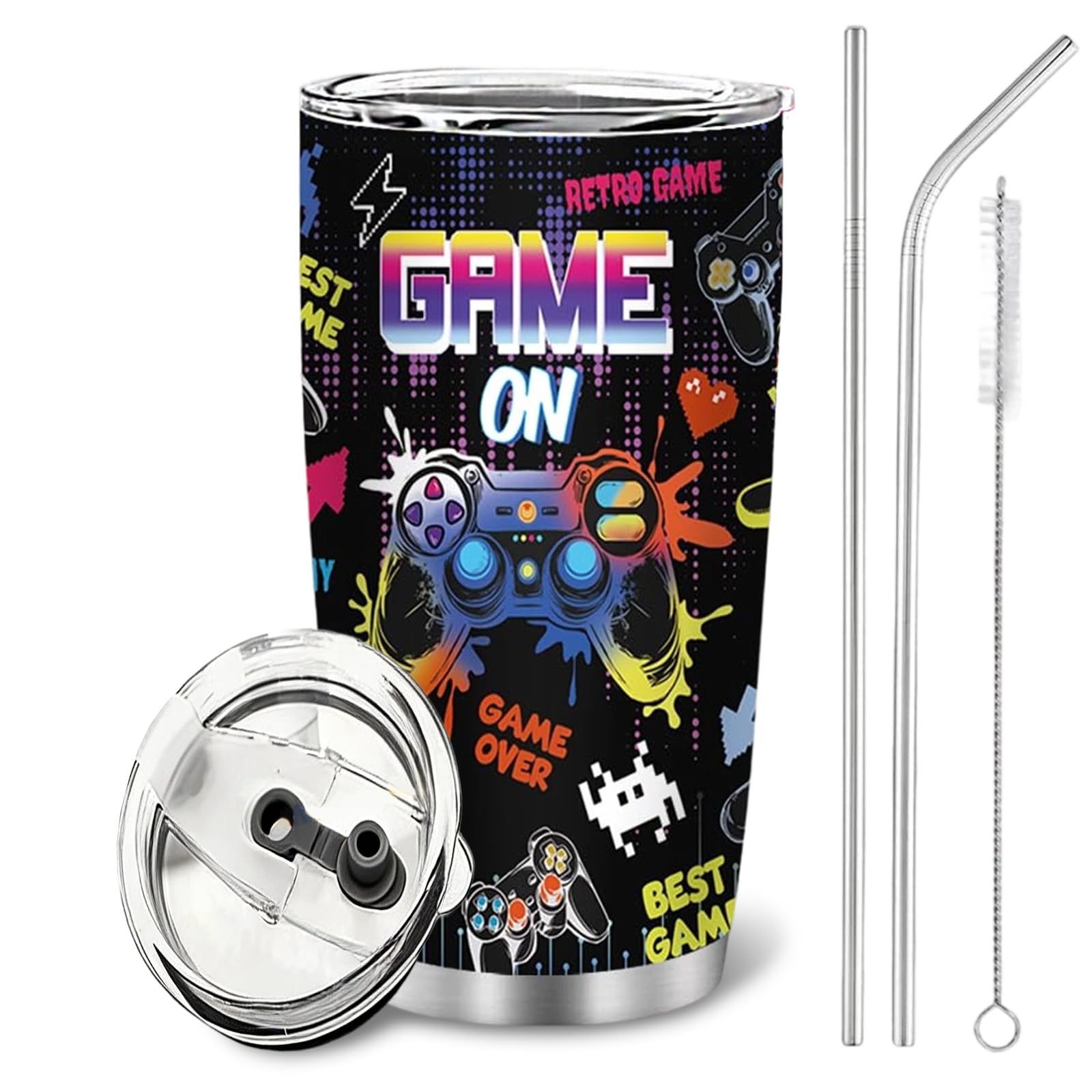 Boys Gamer Travel Mug 20oz, Insulated Stainless Steel Cup with Straw & Lid — image 1