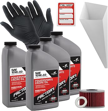 Factory Racing Parts Oil Change Kit compatible with Honda TRX520FA Fourtrax Foreman DCT EPS Includes 4 Quarts of 10W-40 Full Synthetic Oil, 1 Filter, 1 Crush Washer, 1 Funnel, 1 Oil Change Sticker