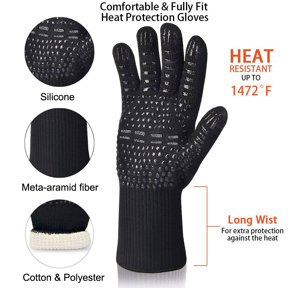 Guantes de parrilla para barbacoa, 800.0 °C, resistentes al calor, antideslizantes, perfectos para barbacoa, cocinar, hornear, chimenea, ahumador, 1 par (negro)