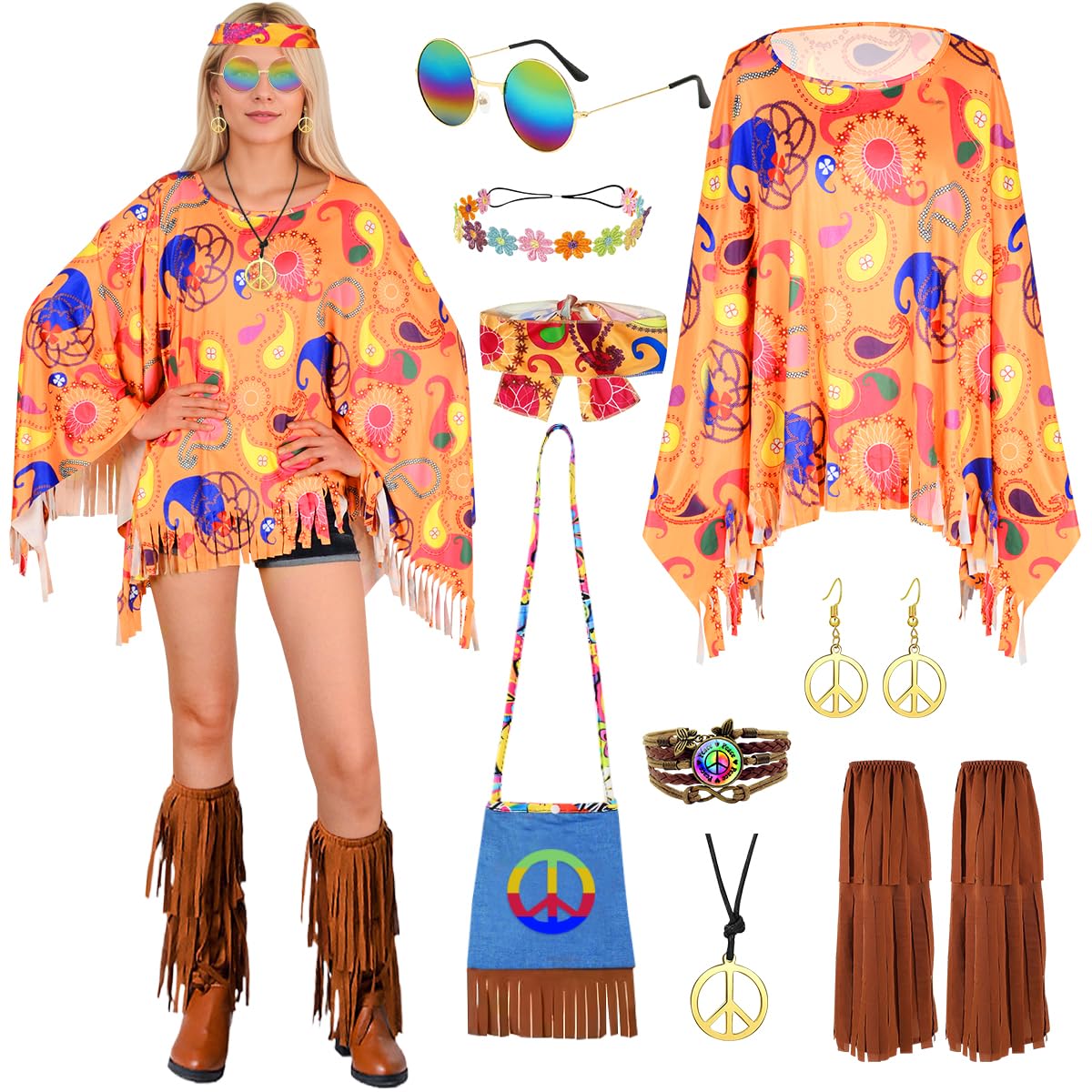 Disfraz Hippie Mujer, Conjunto de Disfraz Hippie Años 60, Disfraces de Hippies para Mujery Otros Accesorios, Hippies Capa Años 70 de Discoteca para Fiestas y Halloween