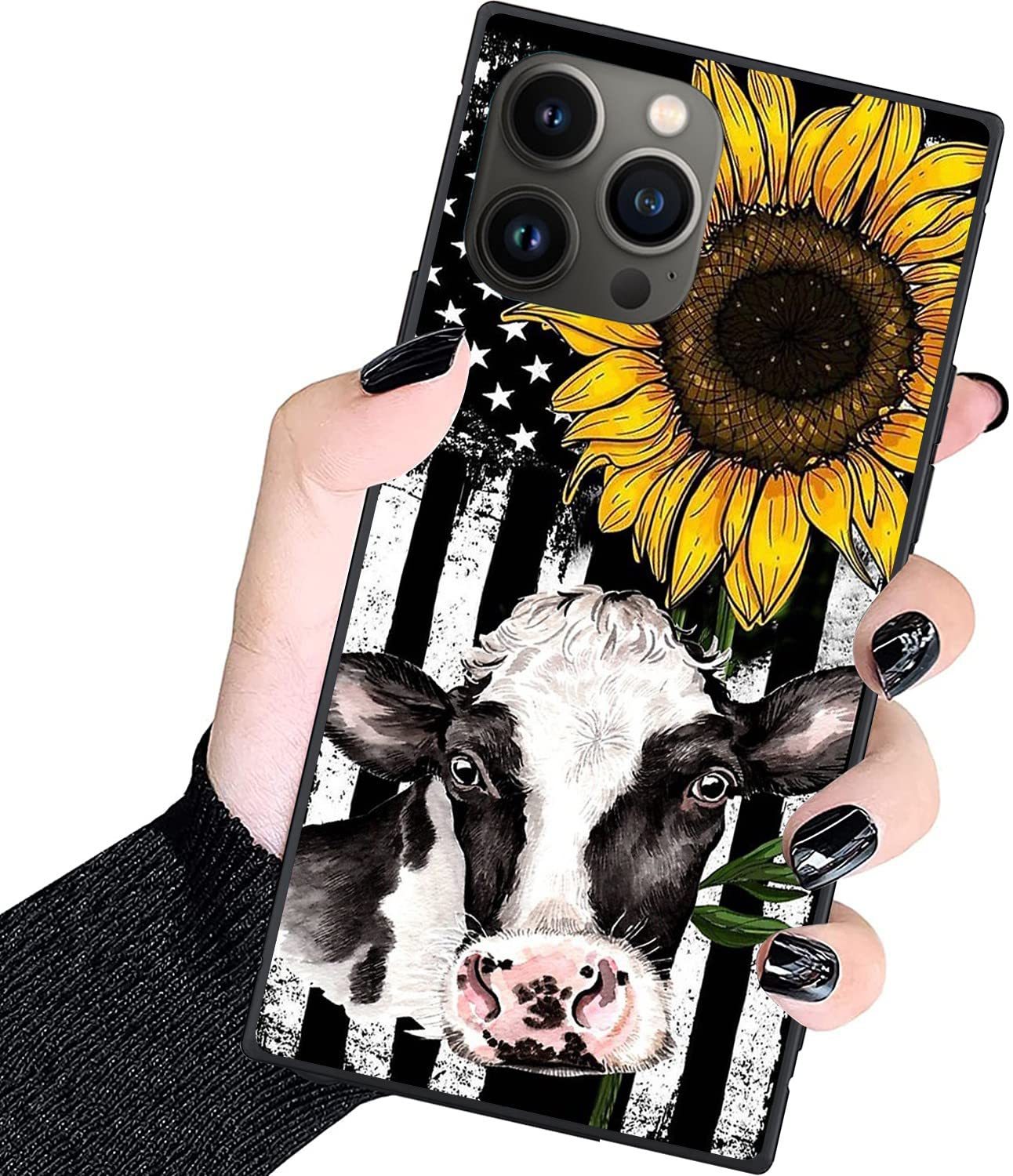 Luxury Square Case for iPhone 13 Pro,Fashion Elegant Square Case for Women Girls,Hard PC+Soft Silicone case is Shock-Proof and Skid-Proof for Protective Case-Cow Print Sunflower