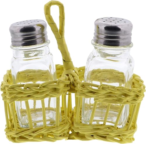 Servette Home Juego de salero y pimentero de cristal en cesta de mimbre amarillo
