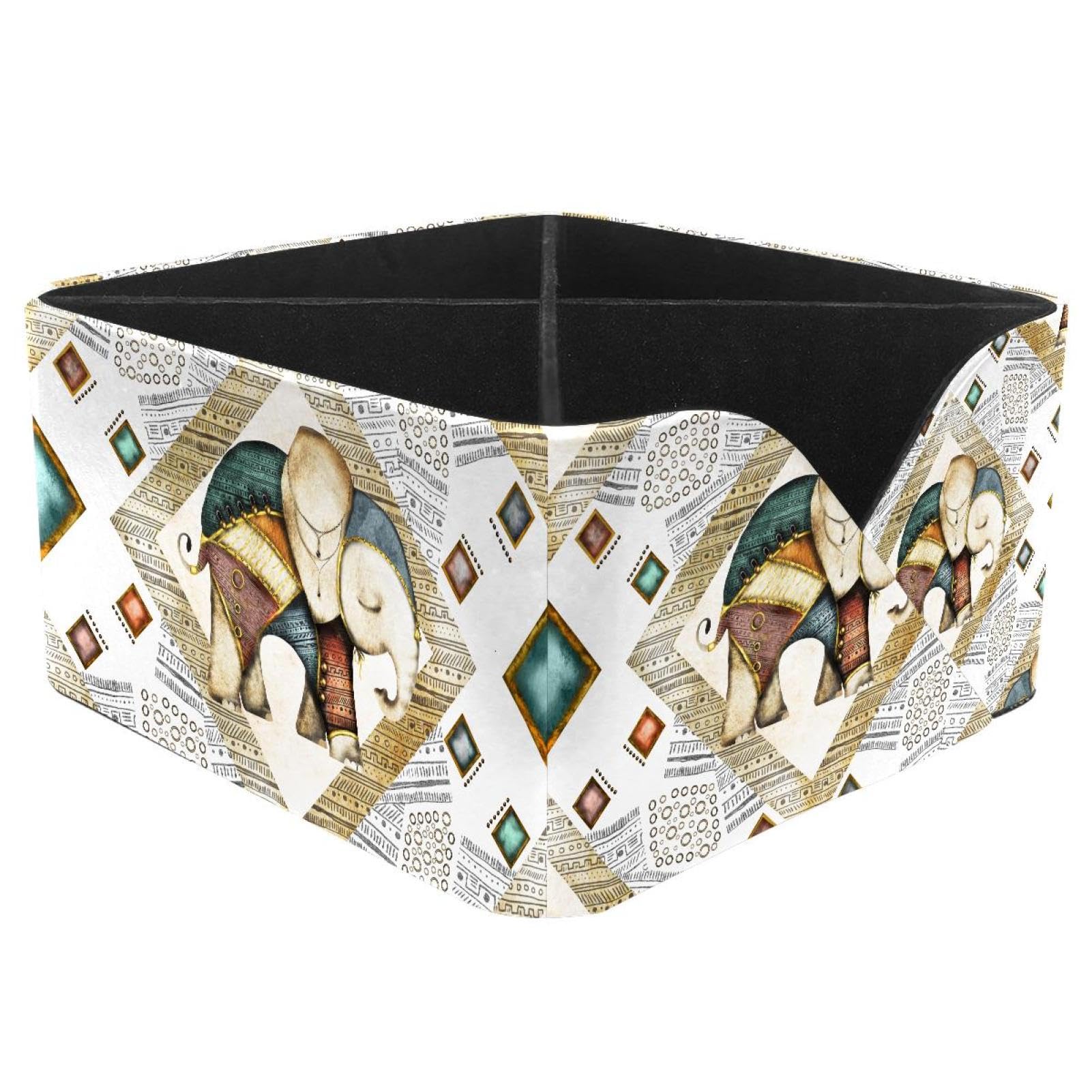KengjuTesu Indian Elephant Geometrical Animal Ethnic Tribal Pattern Desktop Organizer Pen Holder, Rectangular Pencil Cup for Office, Study and Makeup Stations