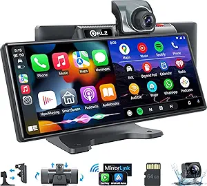 PLZ Wireless Apple Car Play Radio Stereo, Portable Plug in Carplay Android Auto Touch Screen, 2.5K Dash Cam, Bluetooth 5.3, Car Audio Receiver, FM/AM Transmitter, 1080P Backup Camera, Mirror AirPlay