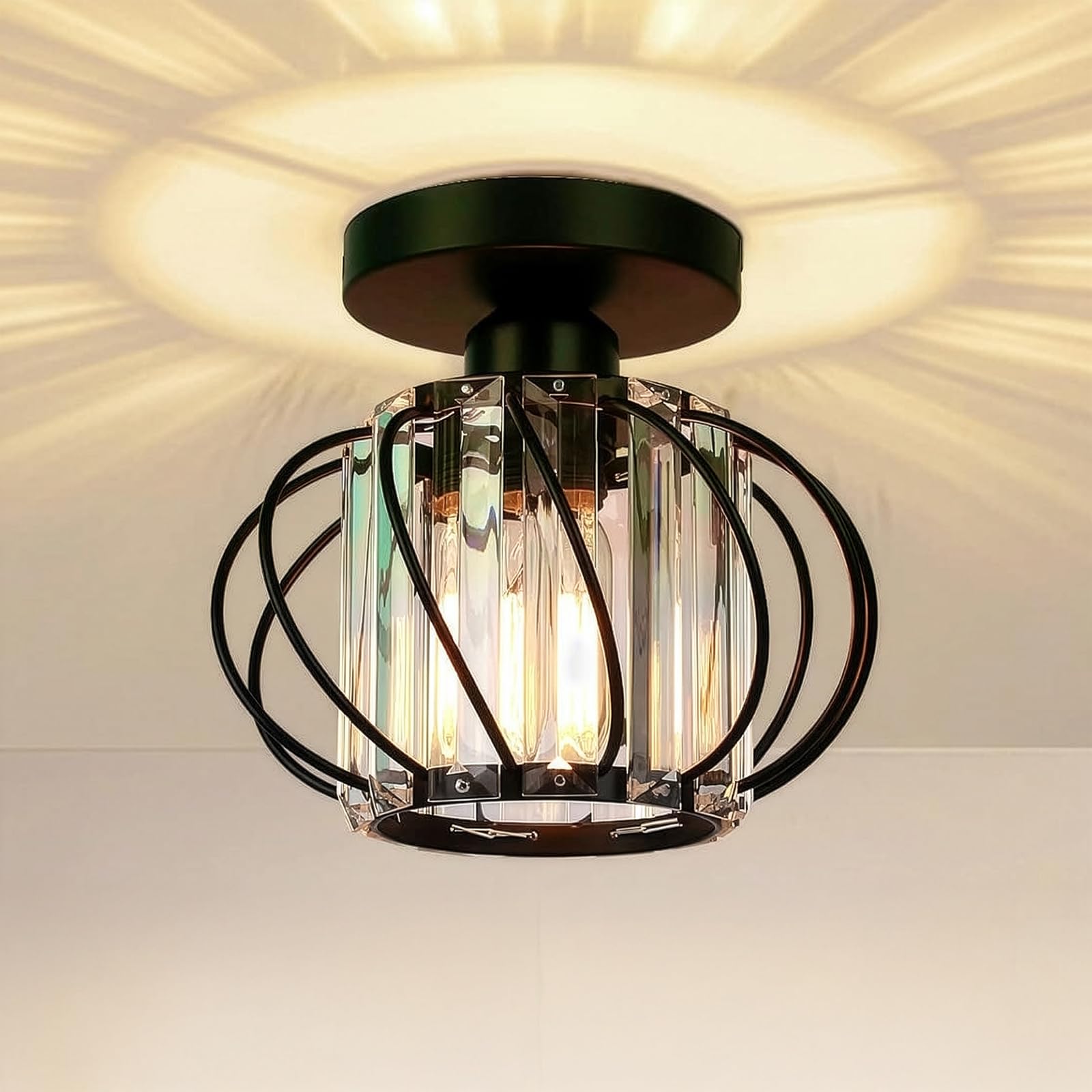 FRIDEKO HOME Deckenleuchte Schwarz Kristall Kronleuchter Ø19cm,Modern Deckenlampe Metal Rund Lampenschirm E27 Lampe Decke für Schlafzimmer Wohnzimmer Küche Flur