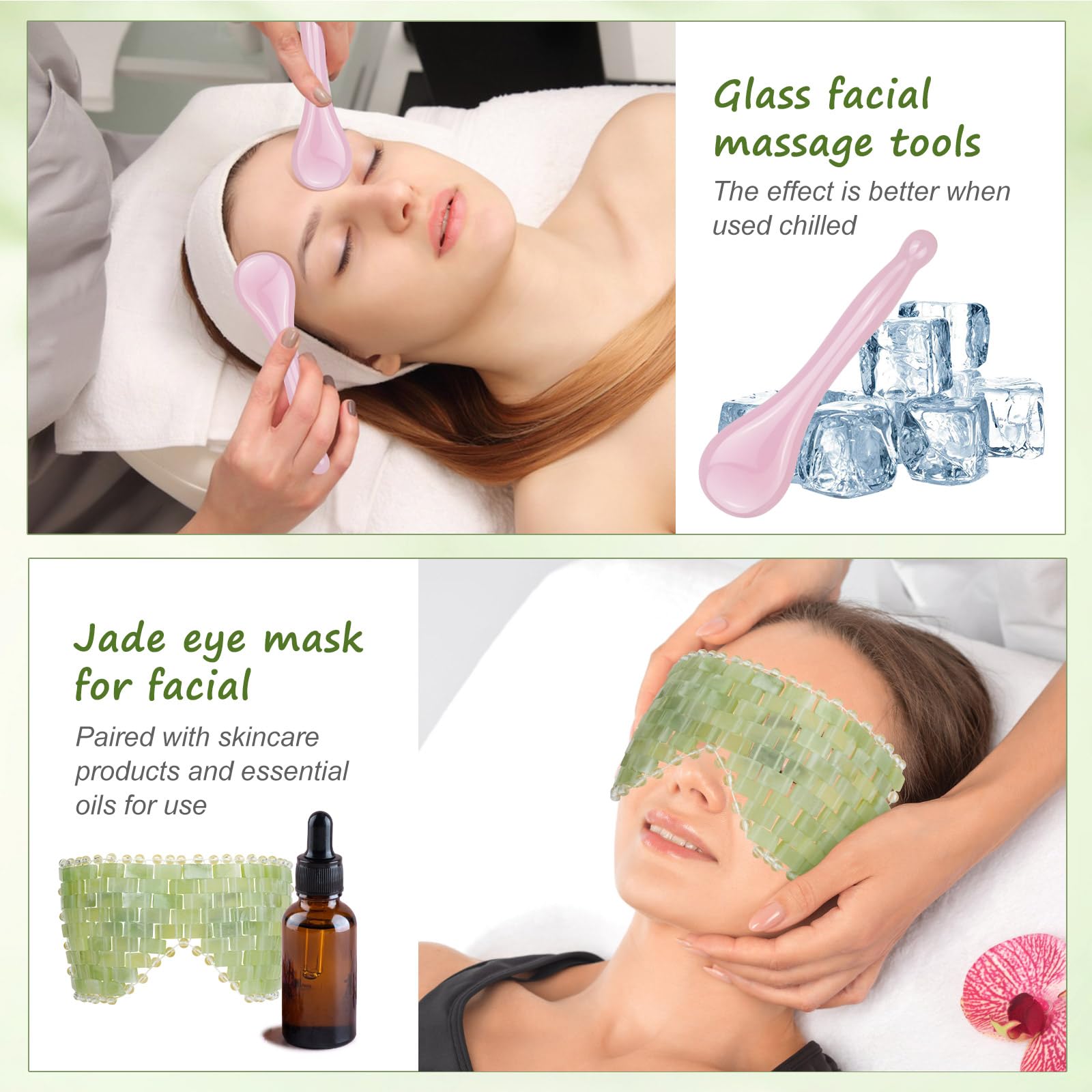 Ice Globes for Face & 4Pcs Jade Eye Mask & Skin-Safe Glass Facial Massage Tool, Jade Cooling Mask & Gua Sha Therapy Roller for Skincare Relieve Puffiness, Anti-Aging, Stress Relief