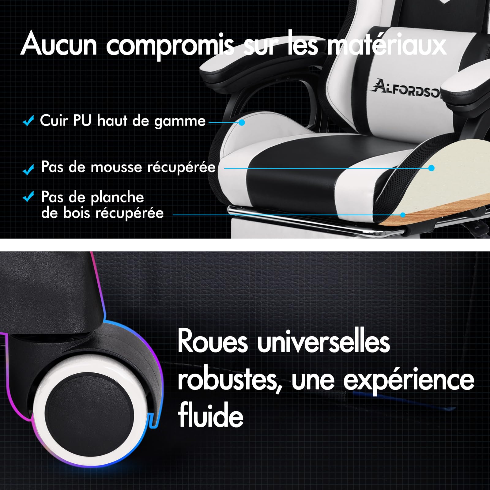ALFORDSON Chaise de jeu LED Racing avec éclairage RVB 12 couleurs, chaise de massage avec support lombaire et repose-pieds, en polyuréthane, blanc