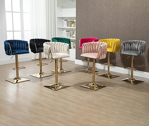 Miniatura 7 de Juego de 2 taburetes de bar modernos de terciopelo, cómodos taburetes de bar giratorios con altura ajustable y respaldo tejido, taburete alto de