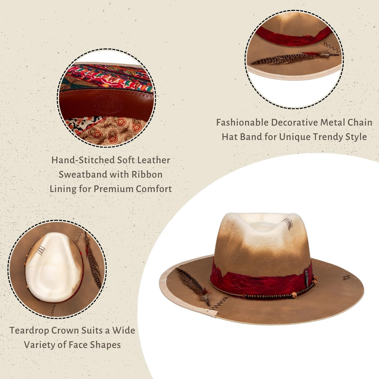 RUEDIGER Vintage Wide Brim Fedora Hats 100% Wool Stiff Felt Hat Rancher Hat with Lightning Logo Handmade Distressed/Burned - Image 6