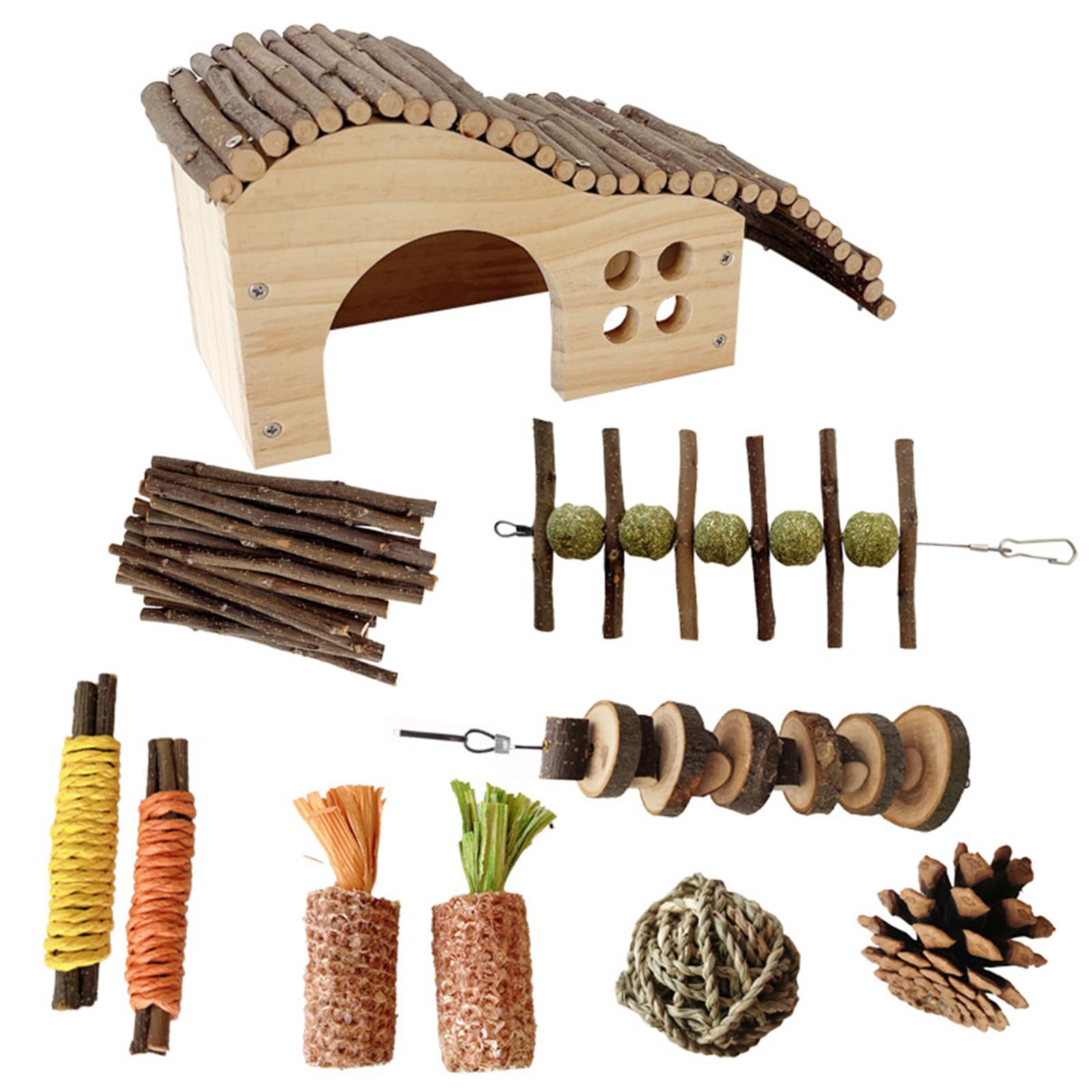 10-teiliges Habitat Set für Hamster, Kauspielzeug, Käfighaus, Spielzeug, Rattanball, bissfest, Kaninchen für Kleintiere, Meerschweinchen, Langeweile