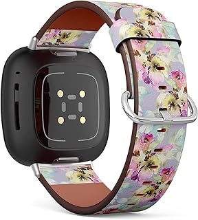 CJBROES Replacement Leather Watch Band, Compatible with Fitbit Versa 3 and Fitbit Sense of Wristband Bracelet Accessory - Flowers-Watercolor-Gentle