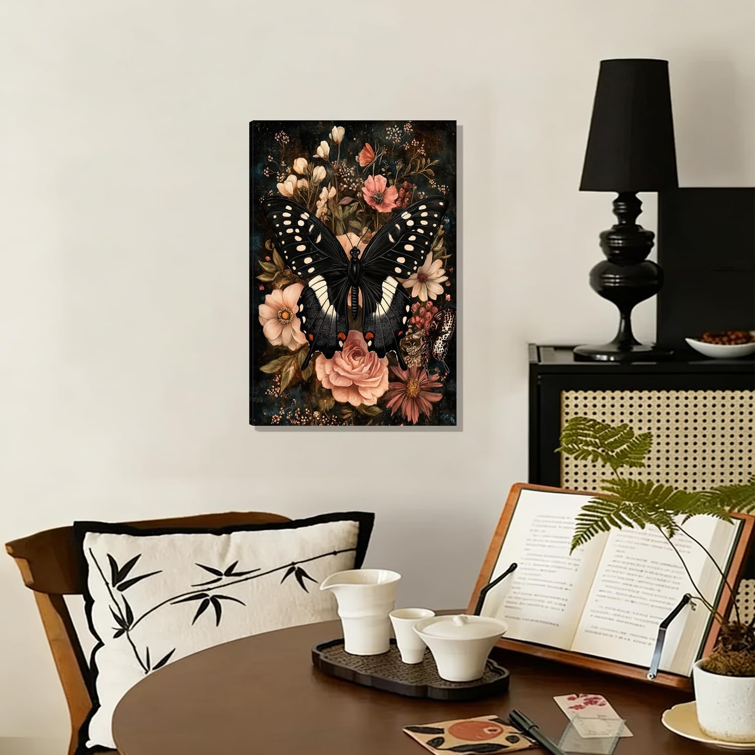 Vintage Black Butterfly Wall Art, Dark Floral Canvas Print, Gothic Botanical Painting, Rustic Moody Flower Butterfly Decor for Living Room Bedroom, Ready to Hang Framed Artwork 16 * 24 in