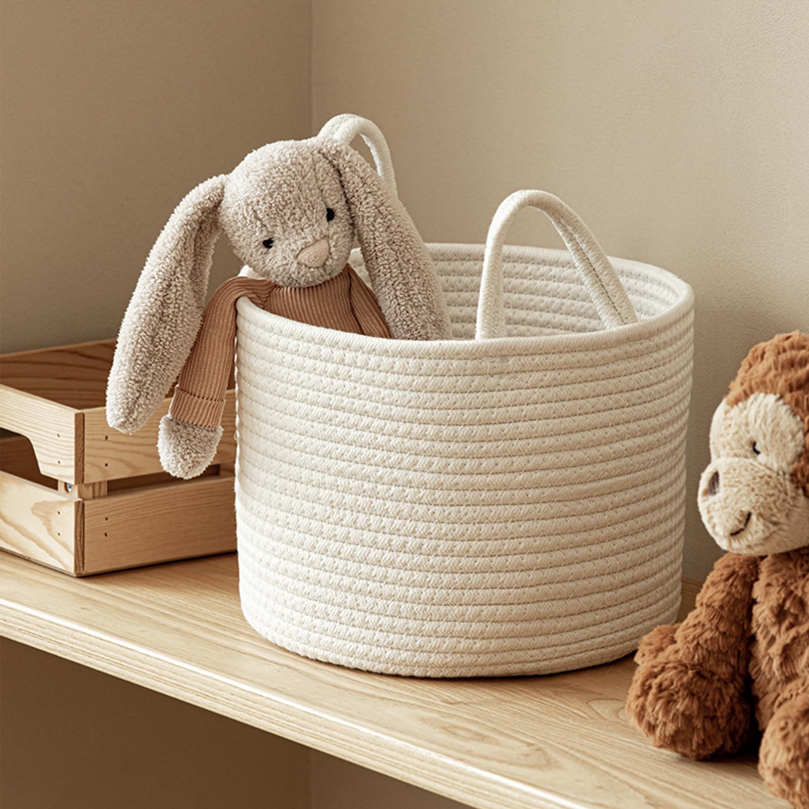 Panier de rangement beige, panier rond en corde de coton, panier pour linge sale, boîte de rangement, convient pour les jouets, couvertures, linge sale, petites choses, collations (Beige, M)