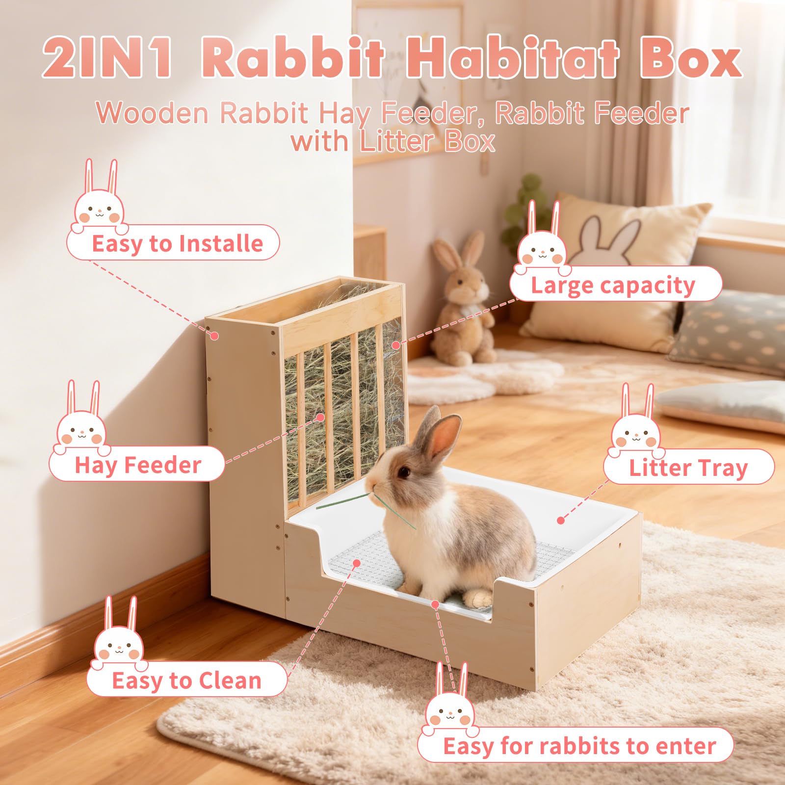Essenhome Extra-Large 2-in-1 Rabbit Litter Box & Hay Feeder Set, Wood, Mess Proof, for Guinea Pigs, Chinchillas, Hamsters, and Rabbits - image 5