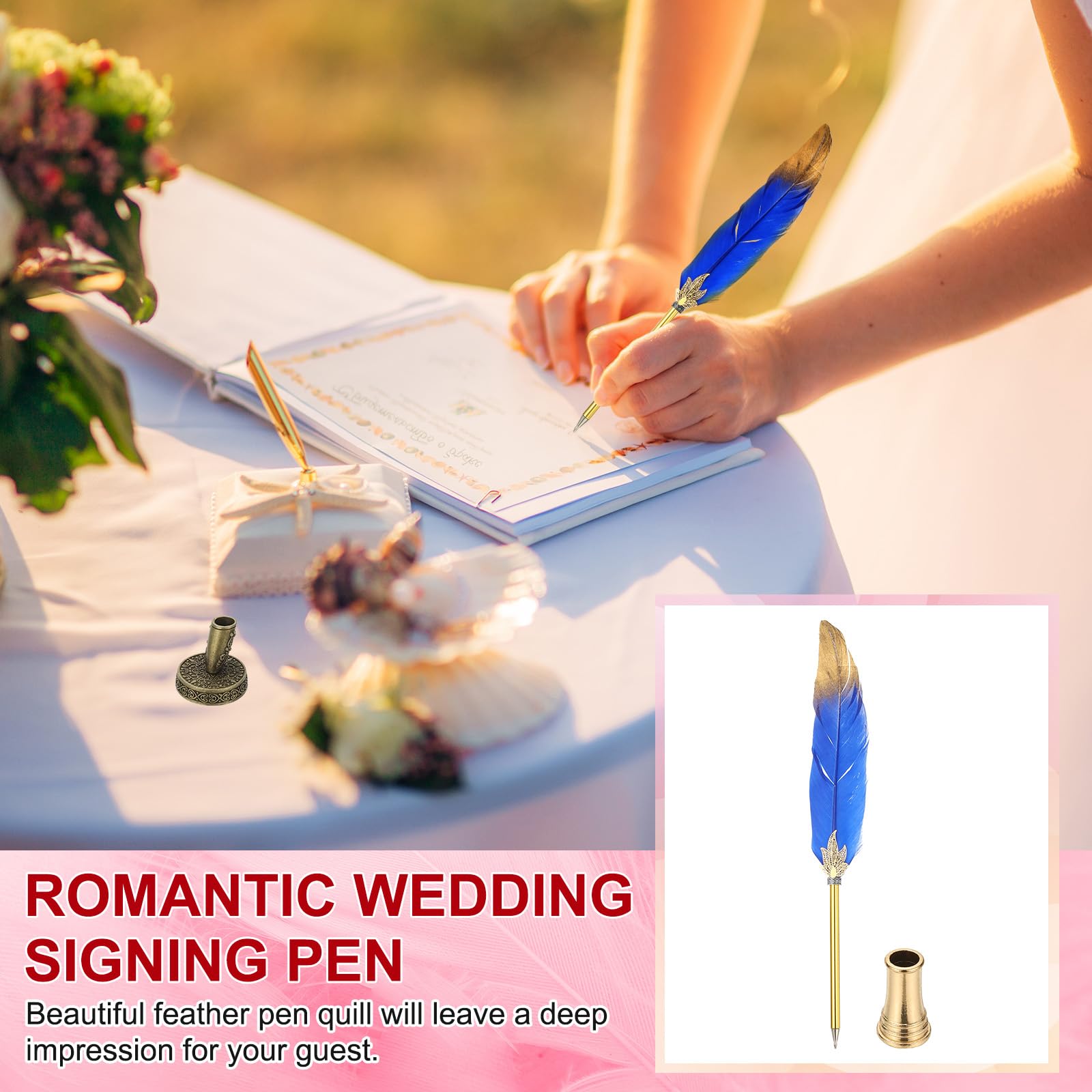 PATIKIL Feather Pen Quill, Feather Ballpoint Pen Bulk Refined Vintage Feather Calligraphy Pen with Golden Pen Holder for Guest Signature Wedding Bridal Office Writing, Dark Blue - Image 4
