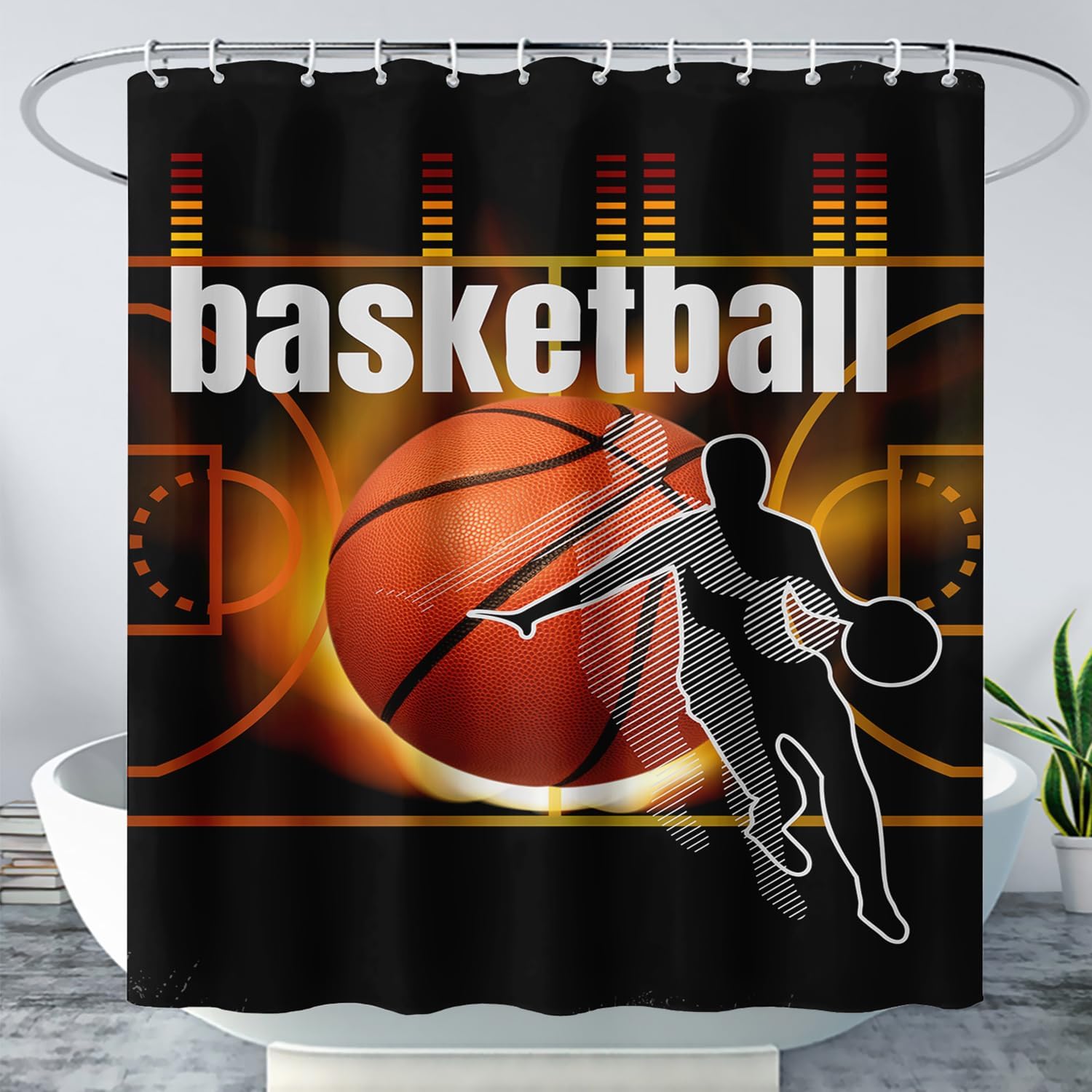 AILONEN 3D Basketball Shower Curtain Set,Basketball Player Bath Curtains Set for Boys Kids Teens,Sports Theme Waterproof Shower Curtain Set with Hooks Bathroom Decor,72" Wx78 H