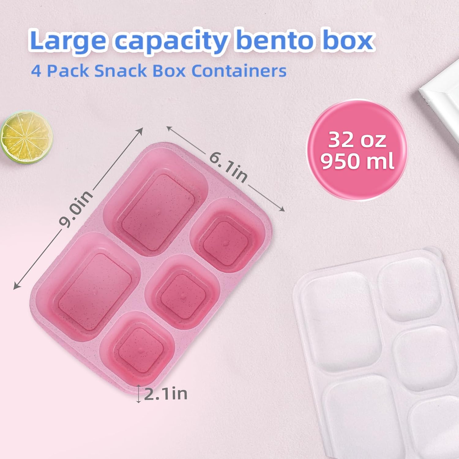 Snack Box Containers for Adults-4 Pack, 5-Compartment Snack Box Made of Food Grade Wheat Straw for Kids and Adults, Reusable Bento Lunch Box for School, Work, and Travel