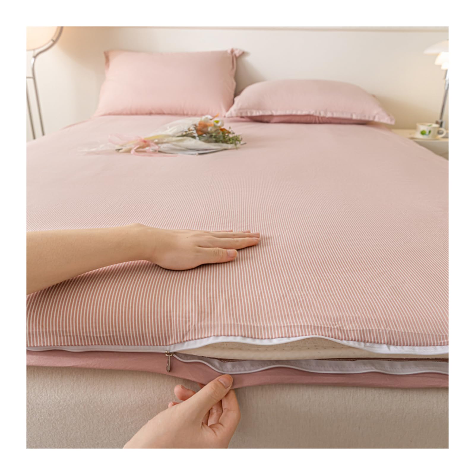 Mswborml Japanese Floor Futon Mattress Cover, Portable Futon Mattress Covers with Zipper, Striped Tatami Mattress Cover Cotton, Sleep Mats Protector Cover Washable without Futon,A,90x200cm/35x79in