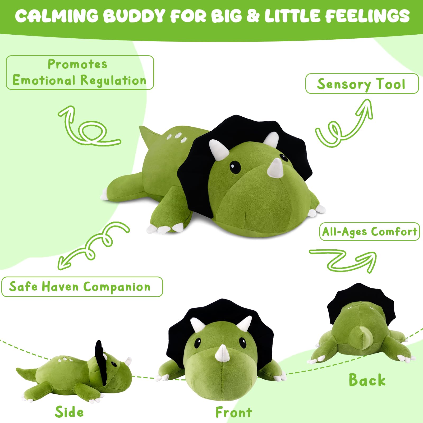 Xfrog Juguetes de dinosaurio con peso, suave almohada de peluche de triceratops con peso, lindo juguete de tela de dinosaurio de regalo para niños y adultos 60CM