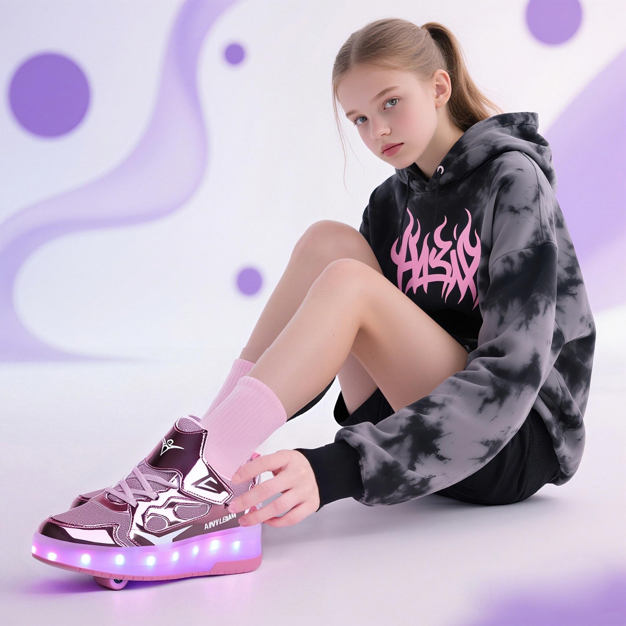 Dziecięce sneakersy, 2-wiel skateboard schoenen, verstelbaar kleurveranderend licht, USB-oplaadbaar, universeel voor jongens en meisjes, zwart, roze, goud, zilver, maat 27-40 EU