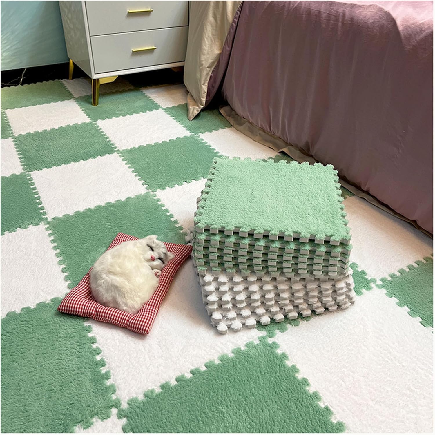 20 alfombras de Felpa entrelazadas de 30 cm cuadradas con Bordes, Alfombrillas de Espuma Suave de 0,4 Pulgadas de Grosor, Alfombrillas de Juego de baldosas esponjosas(Green+White)