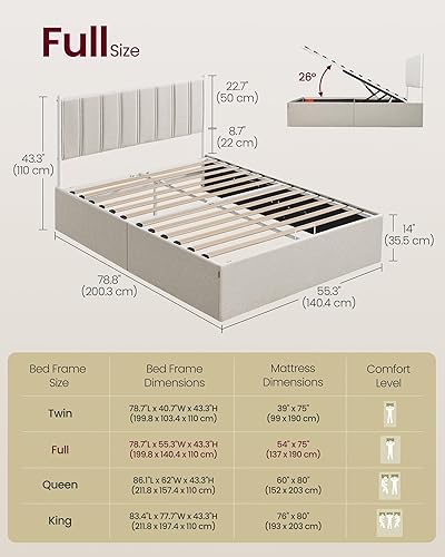 Miniatura 8 de VASAGLE Base de cama de almacenamiento elevable, tamaño individual, cama de plataforma hidráulica, con cabecera tapizada, capacidad de peso de 550