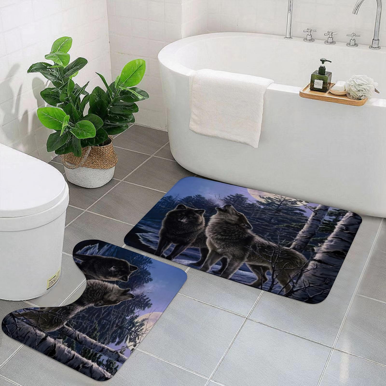 Set di 2 tappetini da Bagno, Lavabili in Lavatrice e Antiscivolo, tappetini in Morbida Fibra Superfine, Lupo (3)