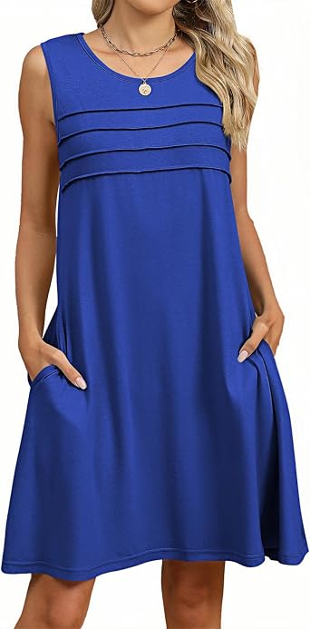 AELSON Summer Dresses for Women 2025 Casual Sleeveless Sundresses Pleated Tank Dresses with Pockets Women Beach Fashion