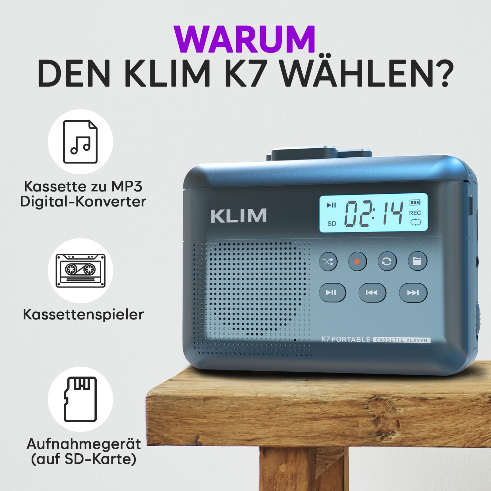Kassettenspieler - Kassettenrekorder - Cassette Player - Kassetten Digitalisieren - Tragbarer - Mikrofon & Lautsprecher - Wiederaufladbarer Akku - Stereoausgang - 16GB SD-Karte - Blau