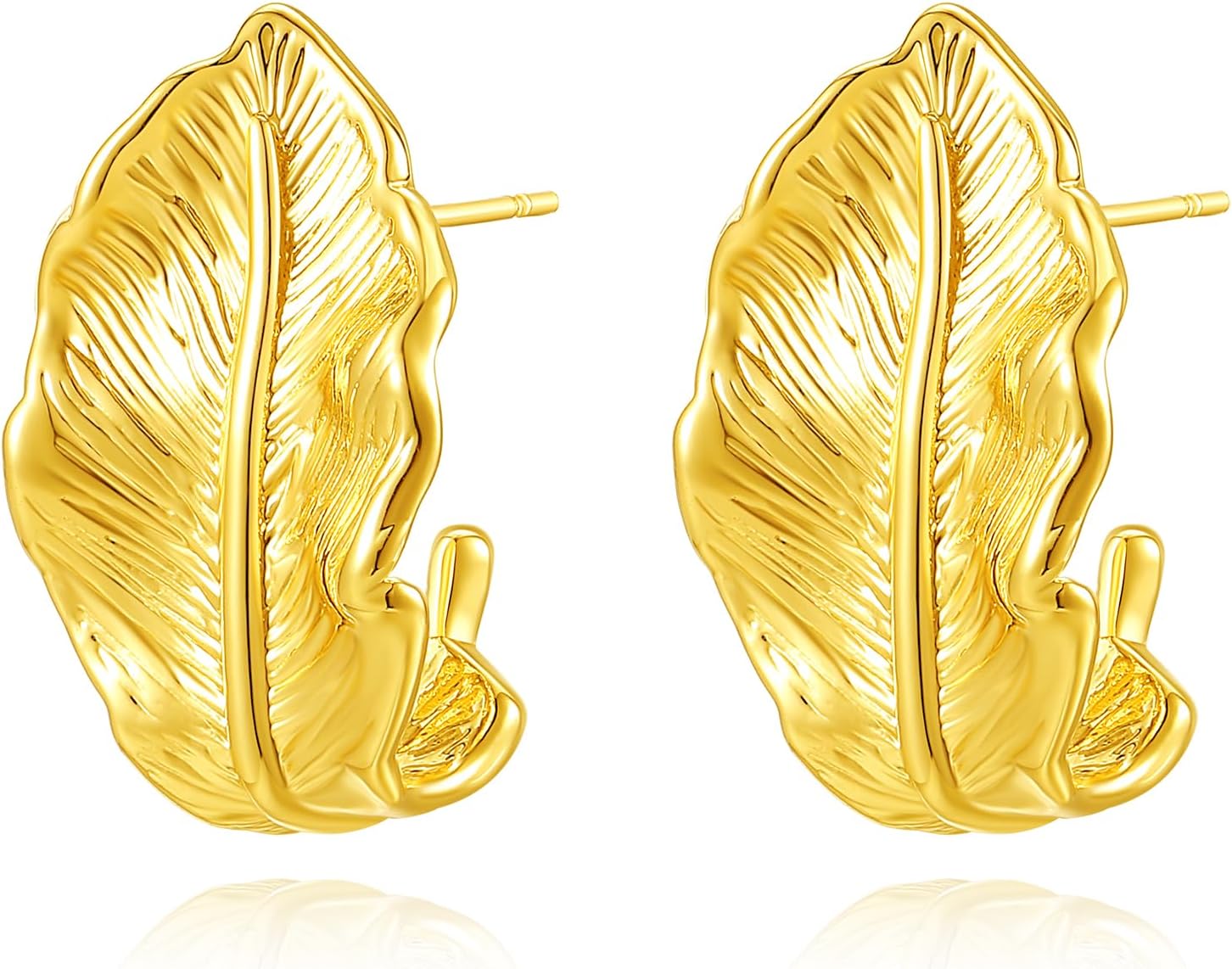Feather Stud Earrings for Women, Gold Plated Chunky Statement Trendy Fashion Earrings